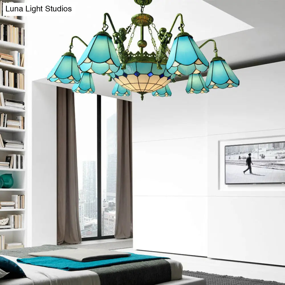 7/9-Light Living Room Chandelier Tiffany Bronze Pendant Fixture Cone Yellow/Blue Glass Shades