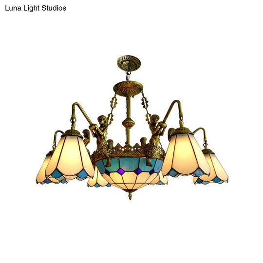 7/9-Light Living Room Chandelier Tiffany Bronze Pendant Fixture Cone Yellow/Blue Glass Shades 7 /