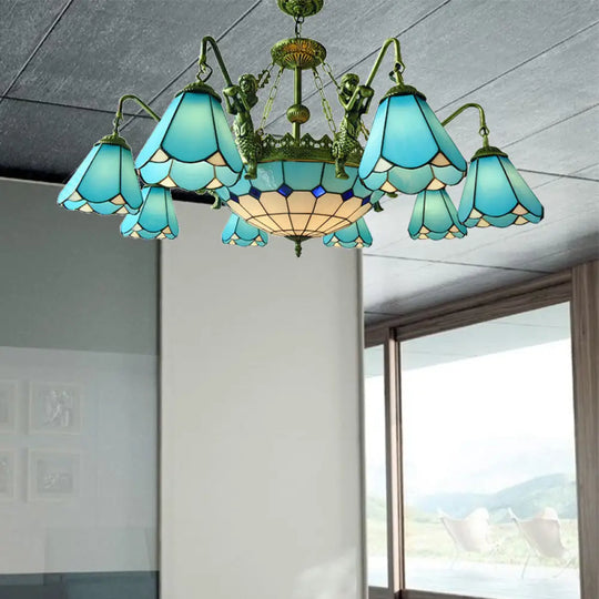 7/9 Light Tiffany Bronze Chandelier With Cone Glass Shades For Living Room 9 / Blue