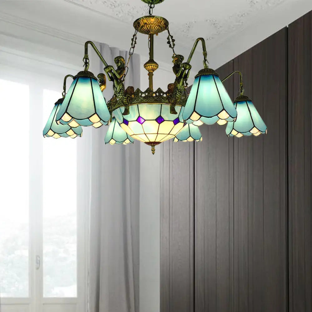 7/9 Light Tiffany Bronze Chandelier With Cone Glass Shades For Living Room 7 / Blue