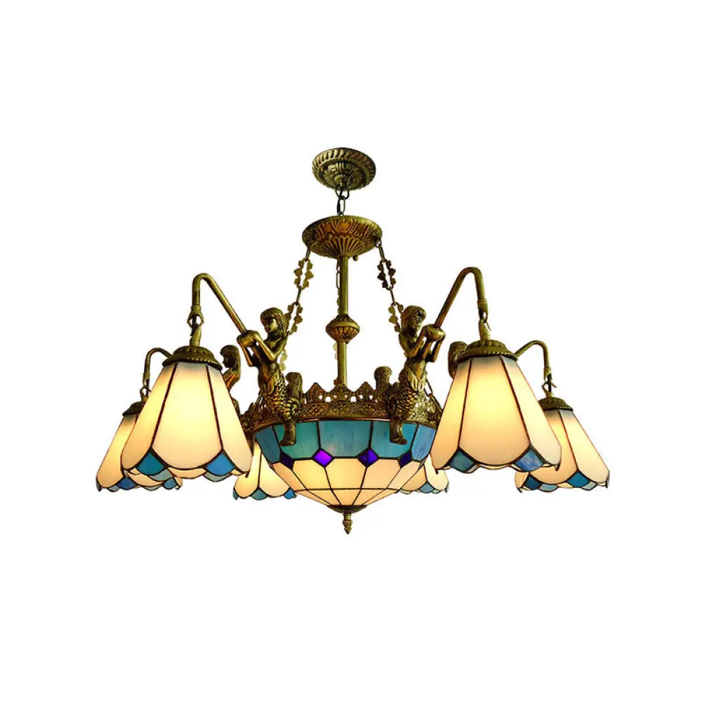 7/9 Light Tiffany Bronze Chandelier With Cone Glass Shades For Living Room 7 / Yellow