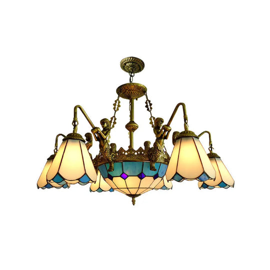 7/9 Light Tiffany Bronze Chandelier With Cone Glass Shades For Living Room 7 / Yellow