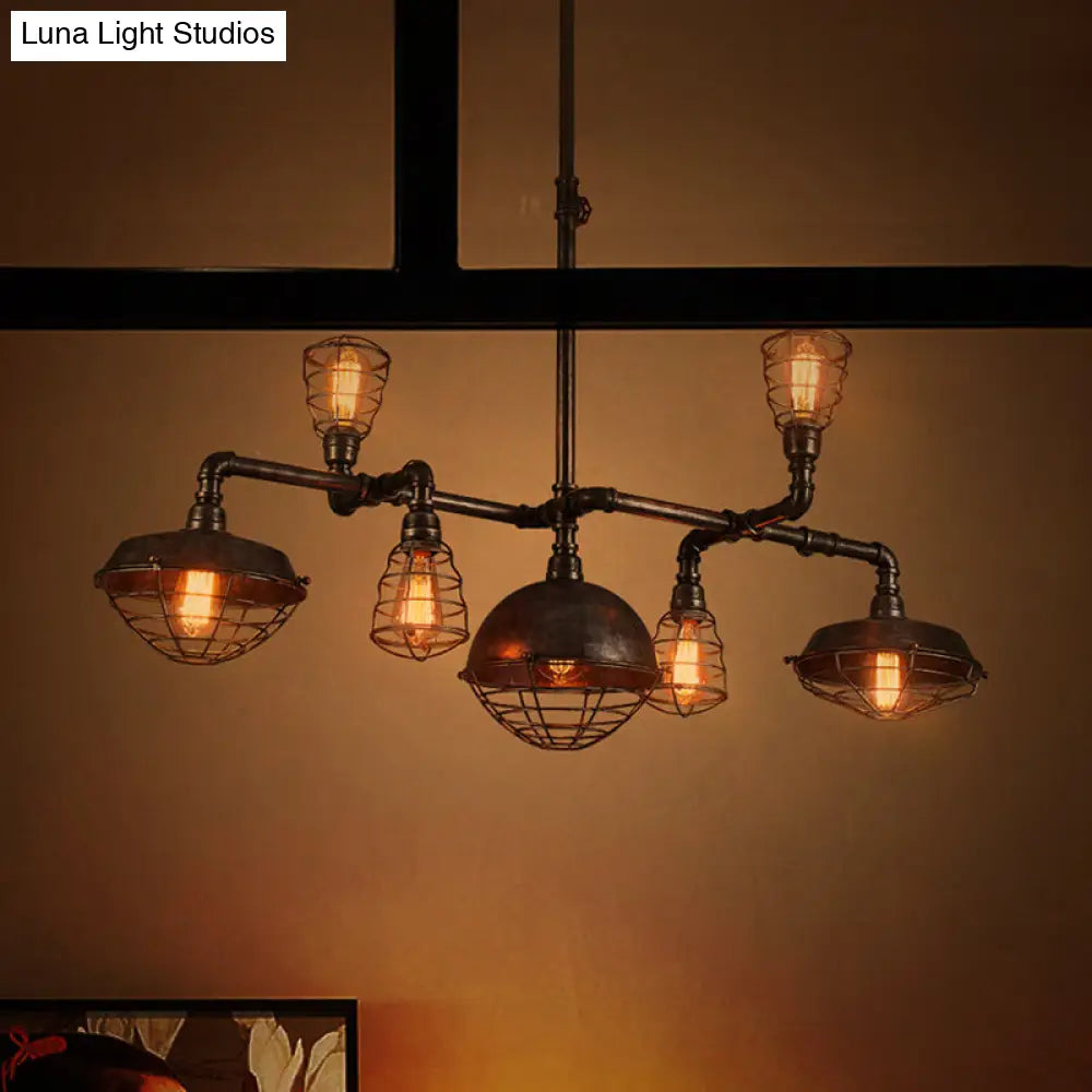 7-Bulb Pipe Design Chandelier In Vintage Black Metal Pendant Light With Wire Frame