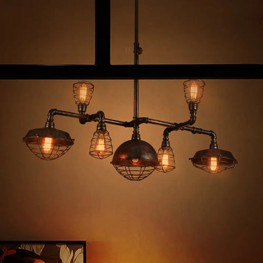 7-Bulb Pipe Design Chandelier: Vintage Metal Pendant Light In Black