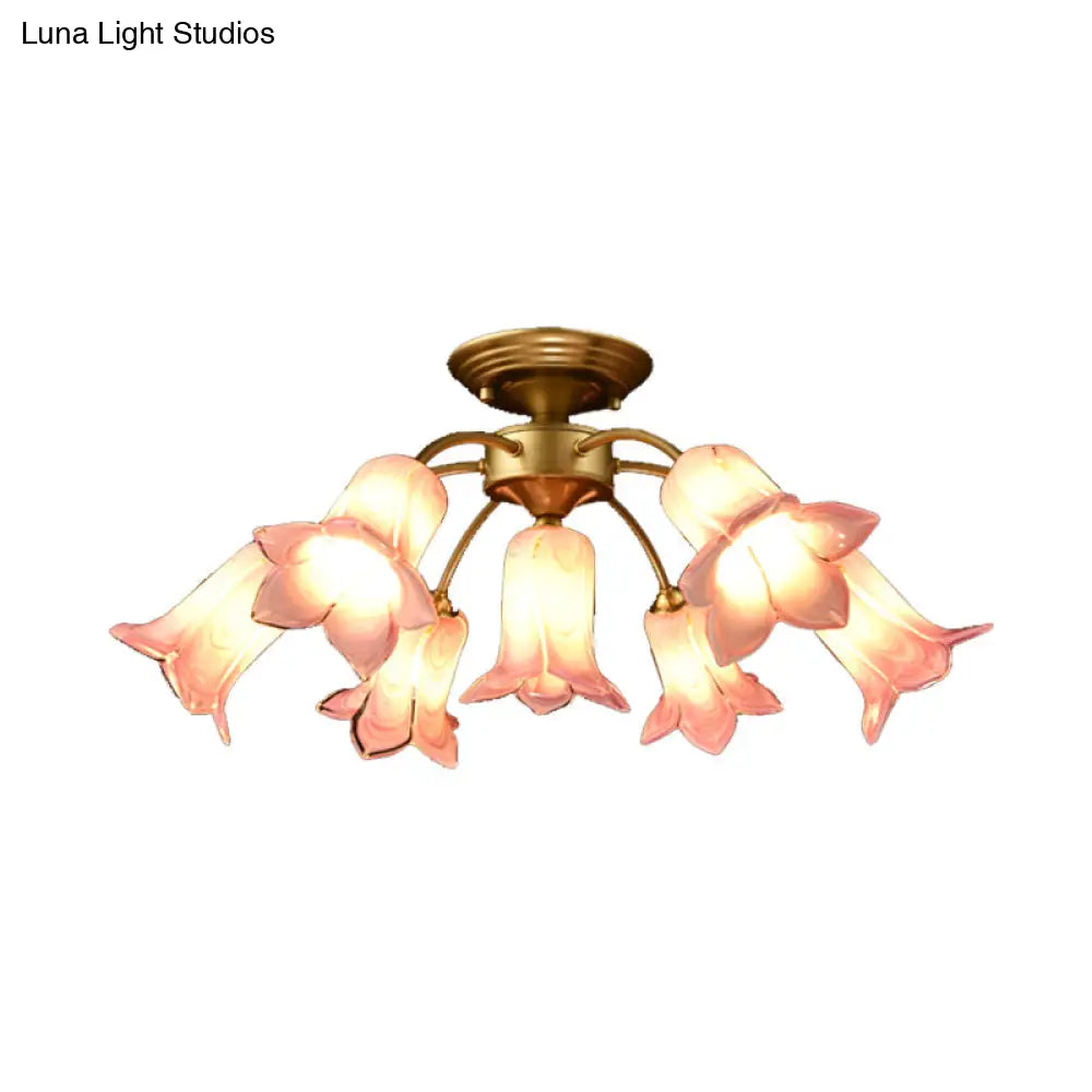 7 Bulbs Countryside Lily/Tulip Glass Ceiling Light - Semi Flush Mount For Living Room