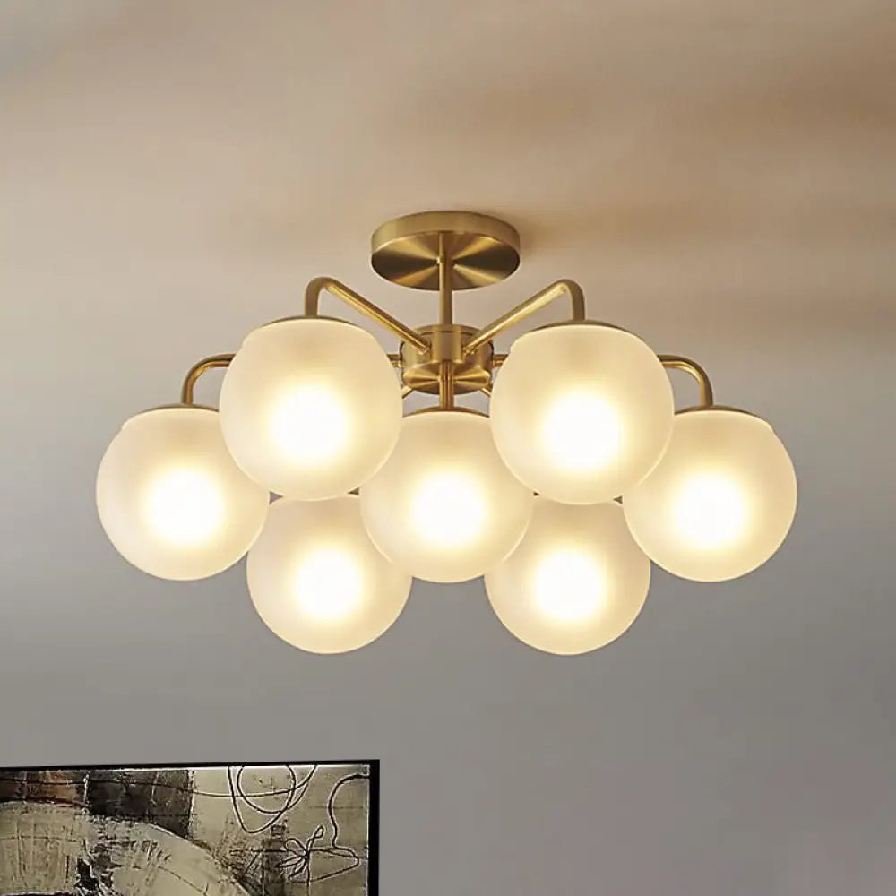 7 - Head Bedroom Semi Flush Brass Ceiling Lamp With Radial Postmodern Design And Ball Foggy Glass