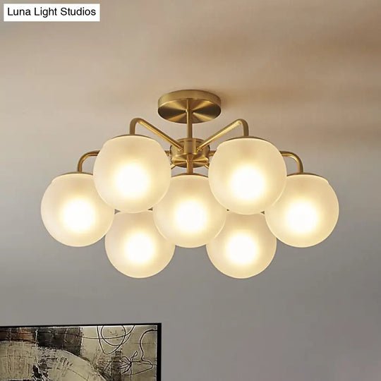 7-Head Bedroom Semi Flush Brass Ceiling Lamp With Radial Postmodern Design And Ball Foggy Glass