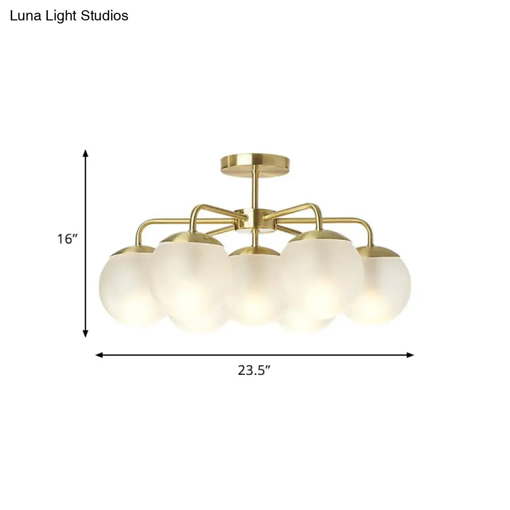 7-Head Bedroom Semi Flush Brass Ceiling Lamp With Radial Postmodern Design And Ball Foggy Glass