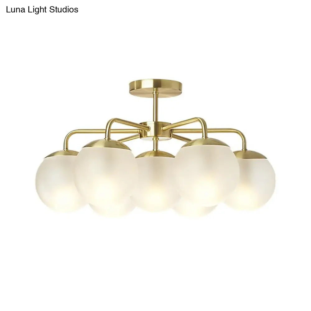 7-Head Bedroom Semi Flush Brass Ceiling Lamp With Radial Postmodern Design And Ball Foggy Glass