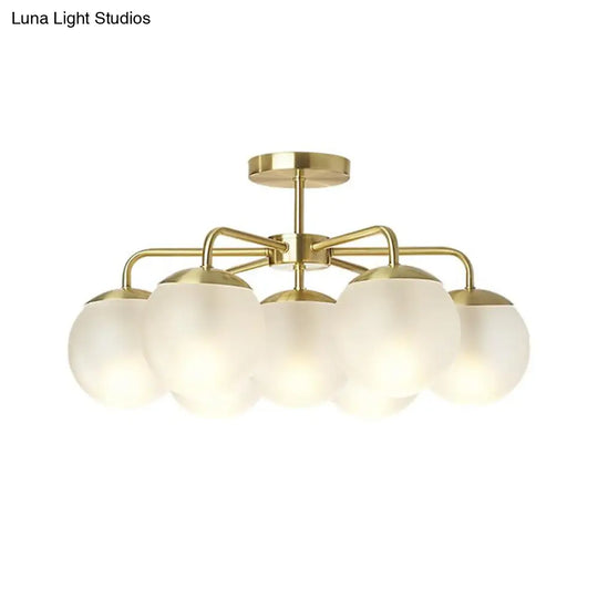 7-Head Bedroom Semi Flush Brass Ceiling Lamp With Radial Postmodern Design And Ball Foggy Glass