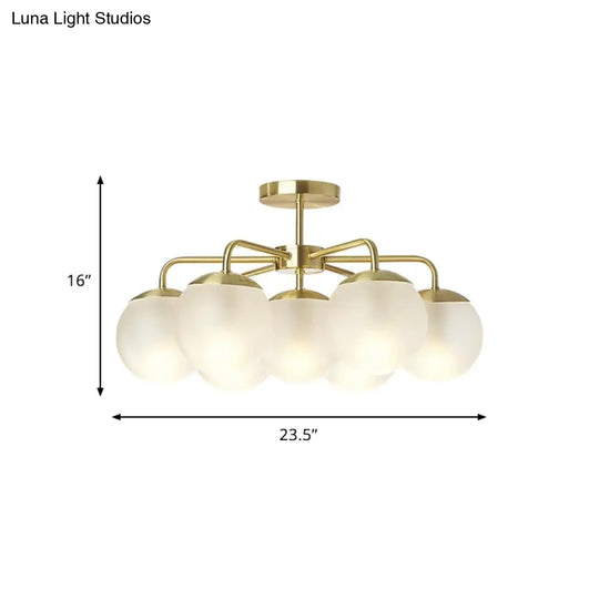 7 - Head Bedroom Semi Flush Brass Ceiling Lamp With Radial Postmodern Design And Ball Foggy Glass