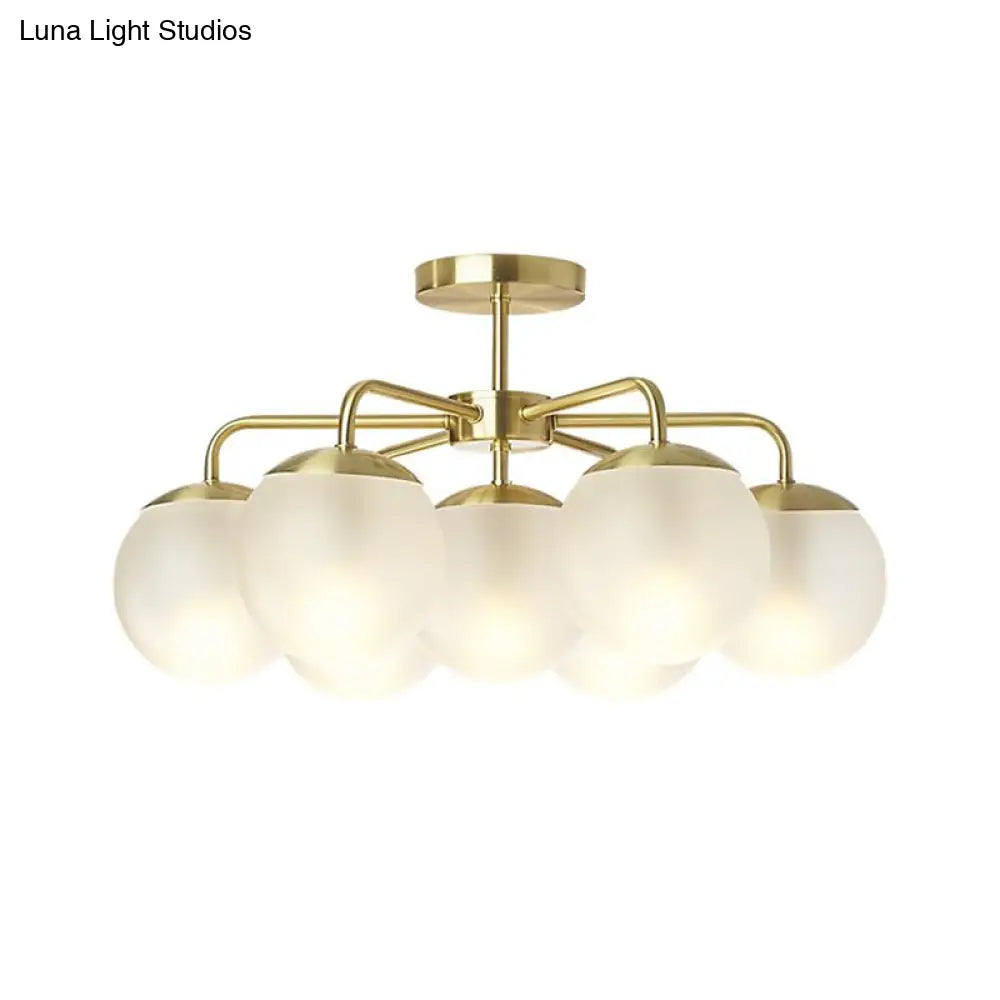 7 - Head Bedroom Semi Flush Brass Ceiling Lamp With Radial Postmodern Design And Ball Foggy Glass