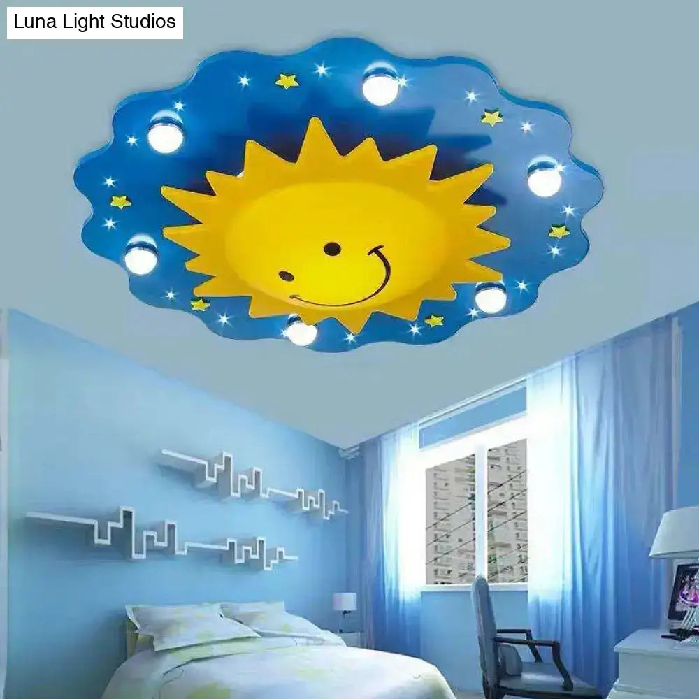 7-Head Cartoon Wood Flushmount Ceiling Lamp For Nursery