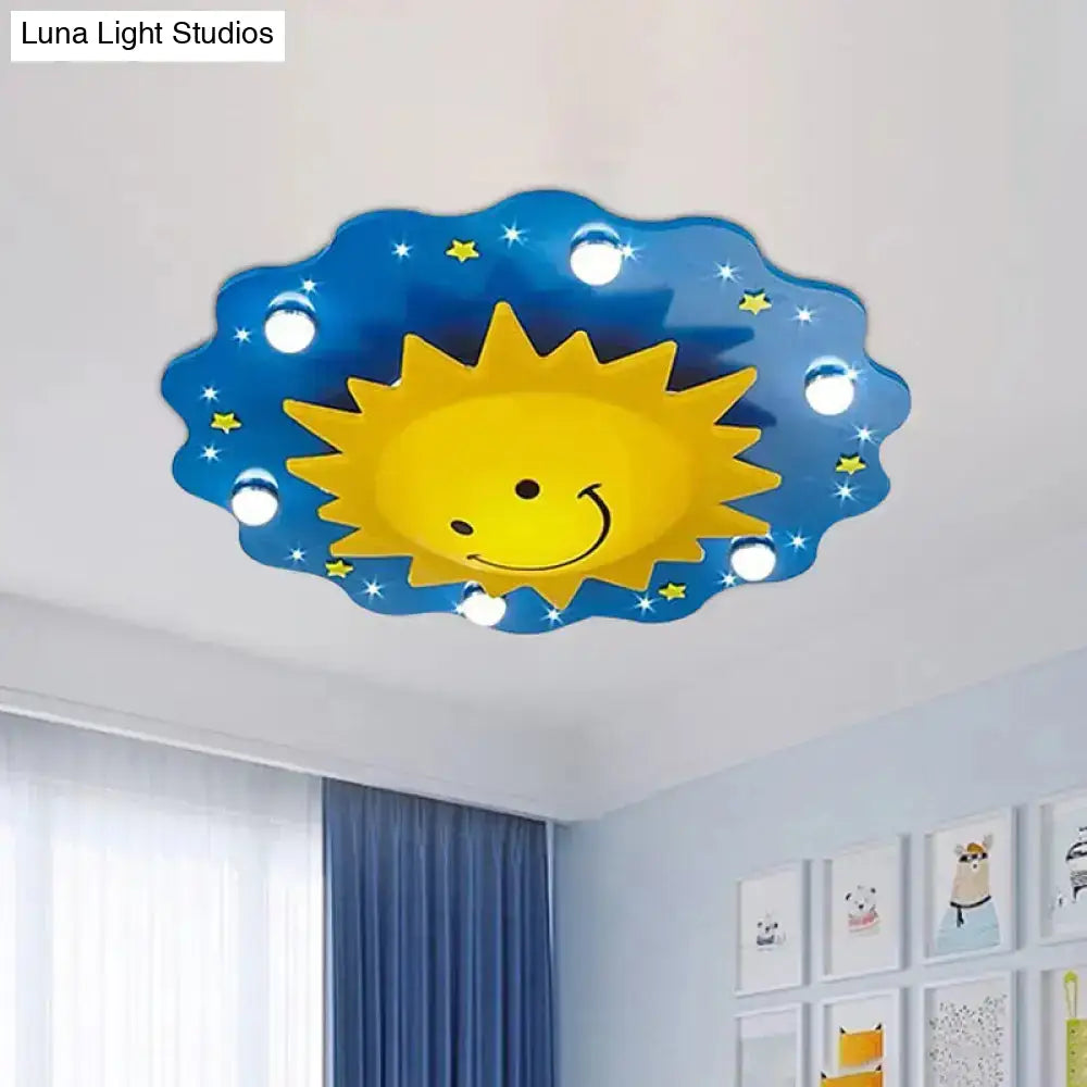 7-Head Cartoon Wood Flushmount Ceiling Lamp For Nursery