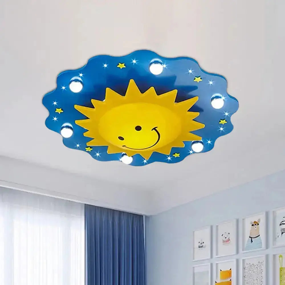 7-Head Cartoon Wood Flushmount Ceiling Lamp For Nursery Blue