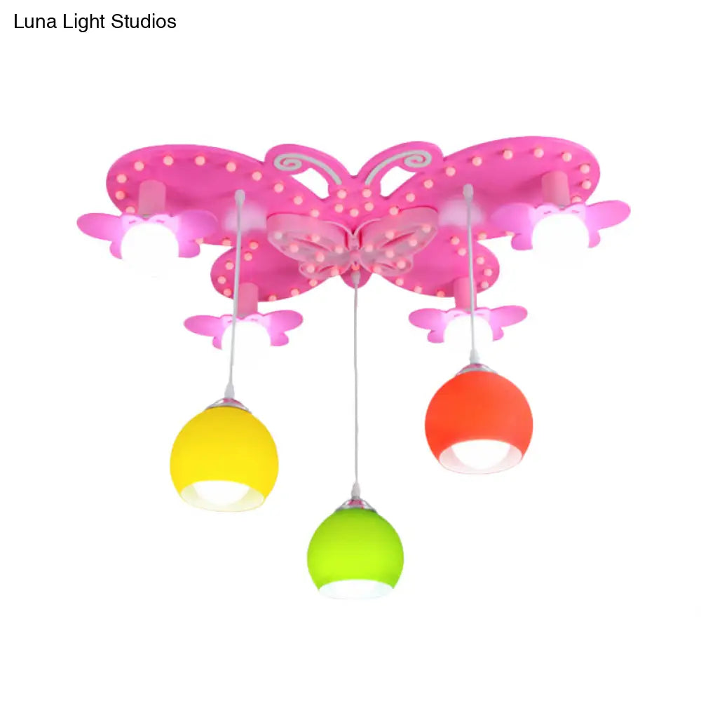 7-Head Colorful Glass Dome Flush Mount Lighting: Kid-Friendly Ceiling Chandelier In Pink