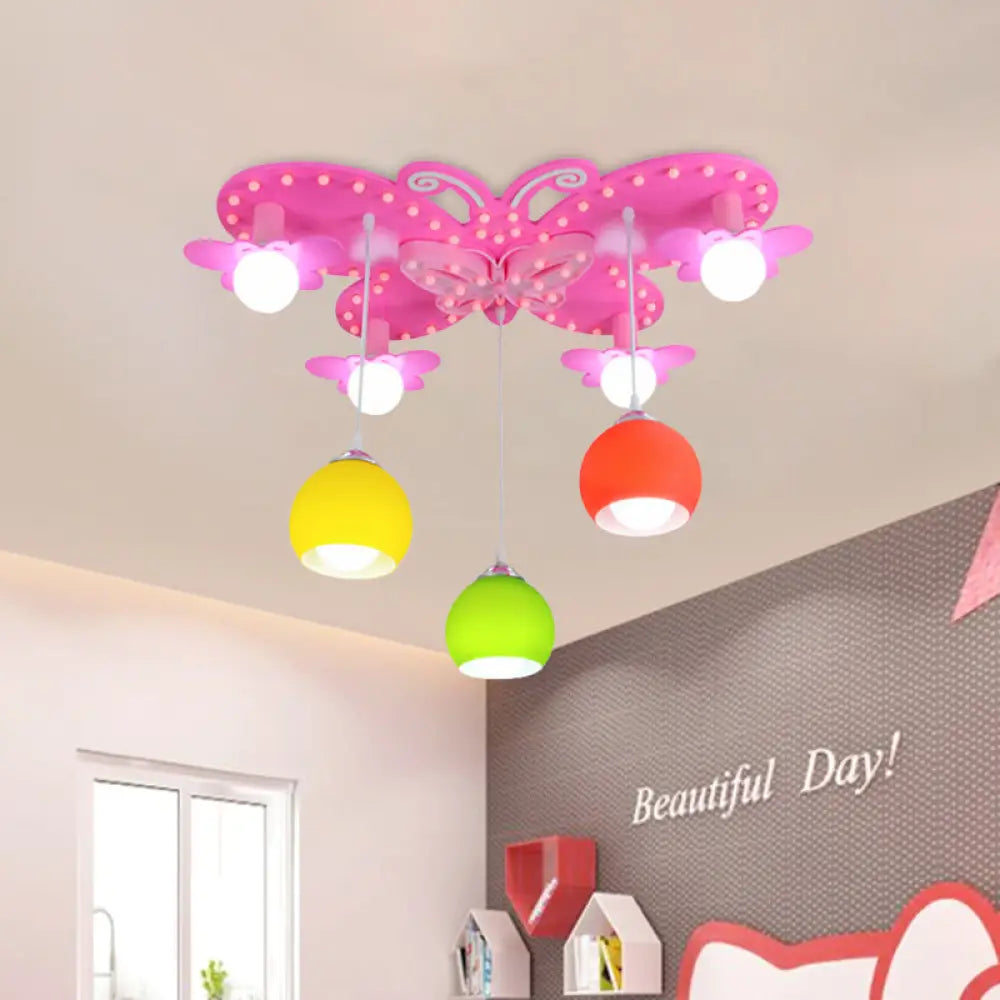 7-Head Colorful Glass Dome Flush Mount Lighting: Kid-Friendly Ceiling Chandelier In Pink