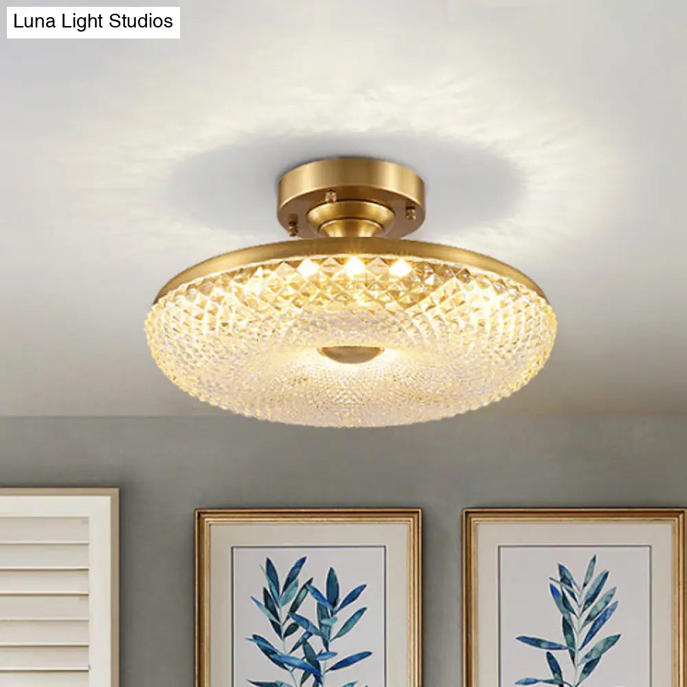 7-Head Gold Semi Flush Mount Ceiling Light With Clear Ribbed Crystal Postmodern Doughnut Design