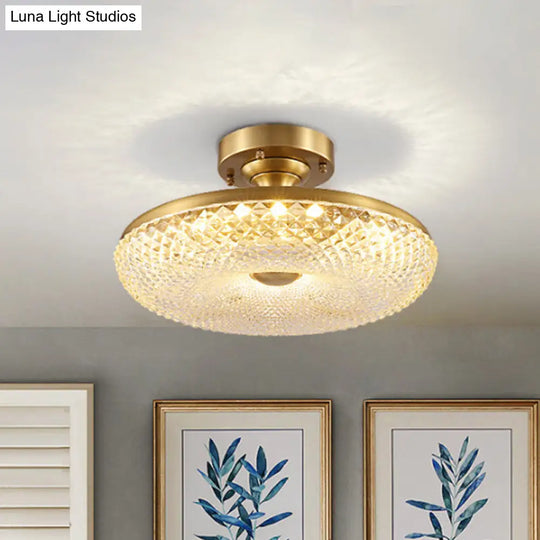 7-Head Gold Semi Flush Mount Ceiling Light With Clear Ribbed Crystal Postmodern Doughnut Design