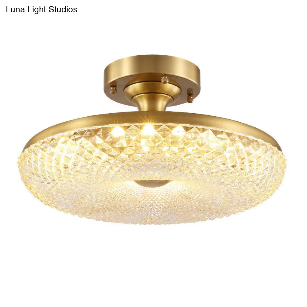 7 - Head Gold Semi Flush Mount Ceiling Light With Clear Ribbed Crystal – Postmodern Doughnut Design