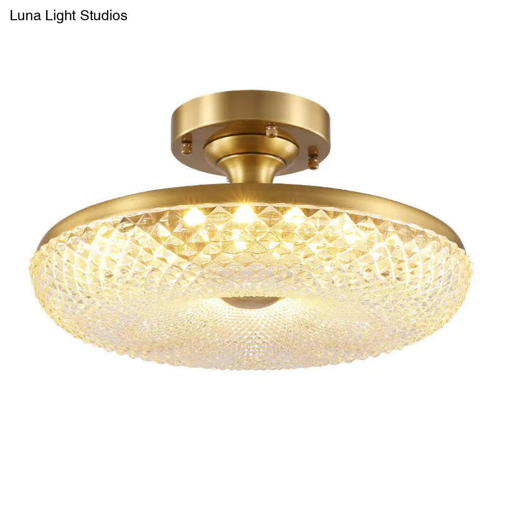 7-Head Gold Semi Flush Mount Ceiling Light With Clear Ribbed Crystal Postmodern Doughnut Design