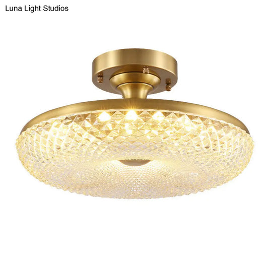 7-Head Gold Semi Flush Mount Ceiling Light With Clear Ribbed Crystal Postmodern Doughnut Design