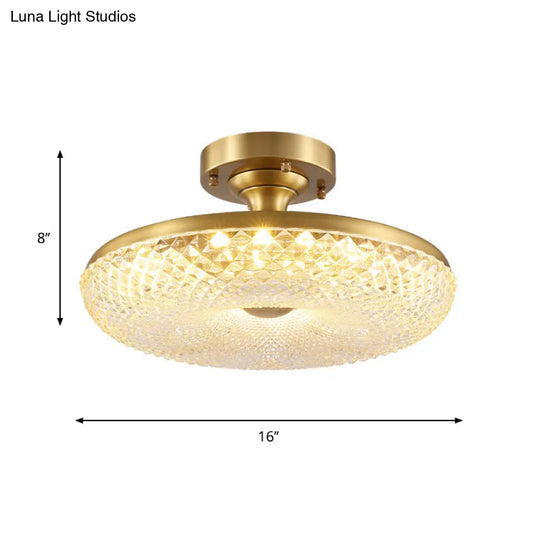 7-Head Gold Semi Flush Mount Ceiling Light With Clear Ribbed Crystal Postmodern Doughnut Design