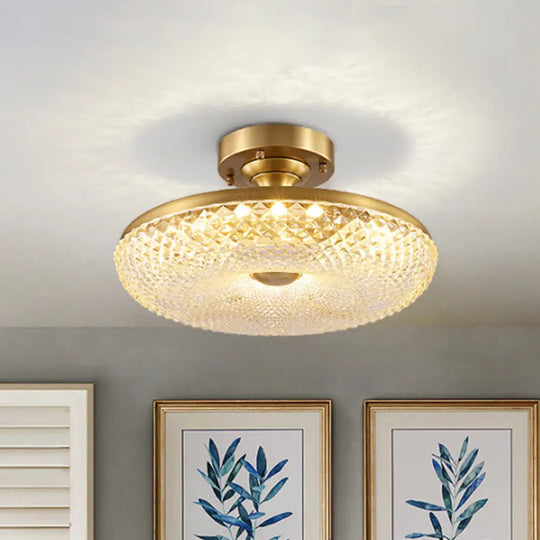 7 - Head Gold Semi Flush Mount Ceiling Light With Clear Ribbed Crystal – Postmodern Doughnut Design