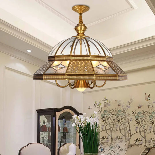 7-Light Clear Glass Colonial Dome Pendant Chandelier For Bedroom Gold