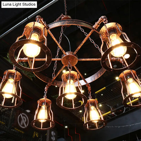 Rustic Farmhouse Pendant Light With Dark Rust Finish - Bell Cage Design 7 Lights Wrought Iron