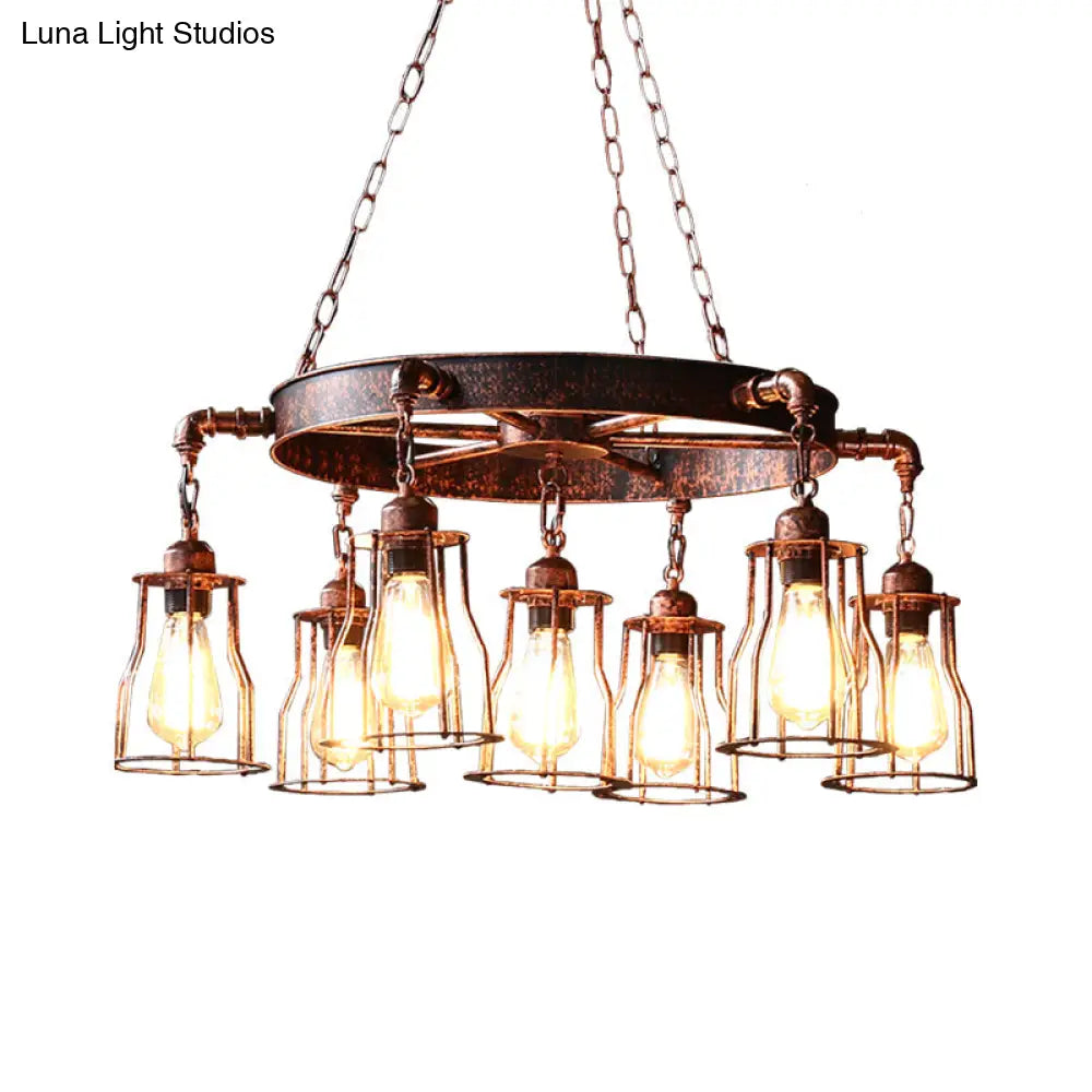 7-Light Dark Rust Pendant Chandelier With Wrought Iron Bell Cage And Wheel Design - Farmhouse