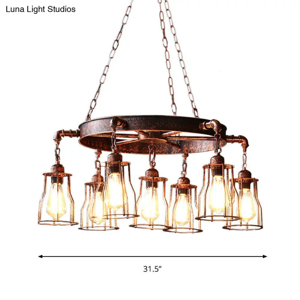 Rustic Farmhouse Pendant Light With Dark Rust Finish - Bell Cage Design 7 Lights Wrought Iron