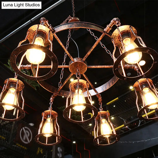 7-Light Dark Rust Pendant Chandelier With Wrought Iron Bell Cage And Wheel Design - Farmhouse