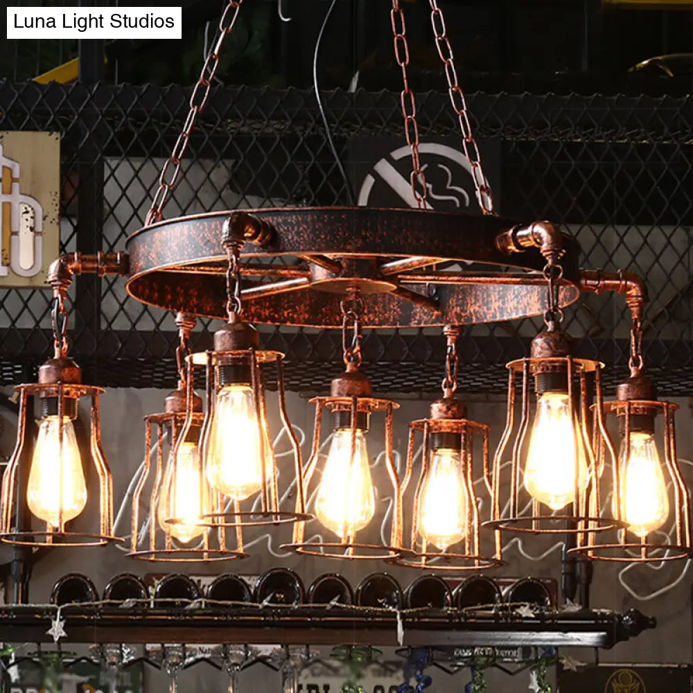 Rustic Farmhouse Pendant Light With Dark Rust Finish - Bell Cage Design 7 Lights Wrought Iron