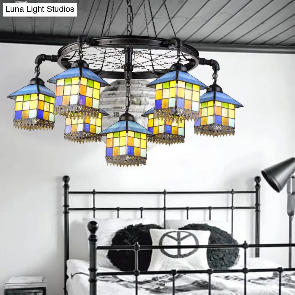 7-Light Lodge Chandelier With Colorful Glass Pendant And Black Wheel For Library