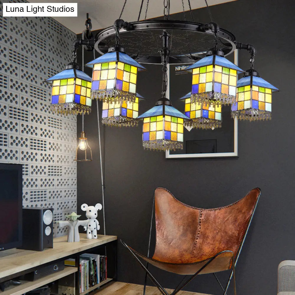 7-Light Lodge Chandelier With Colorful Glass Shades And Black Wheel For Library