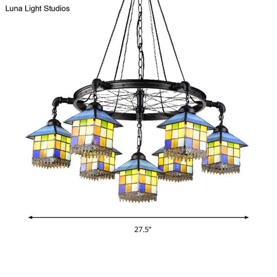 7-Light Lodge Chandelier With Colorful Glass Pendant And Black Wheel For Library