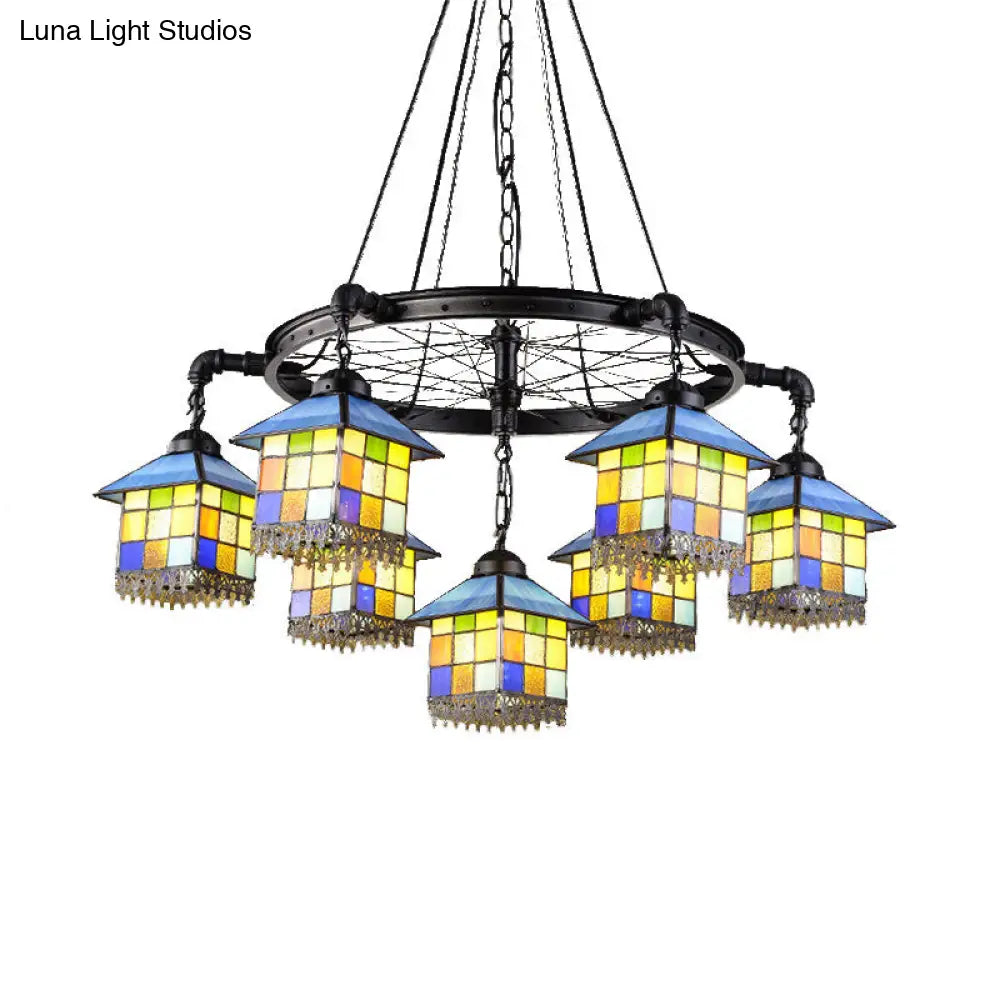 7-Light Lodge Chandelier With Colorful Glass Pendant And Black Wheel For Library