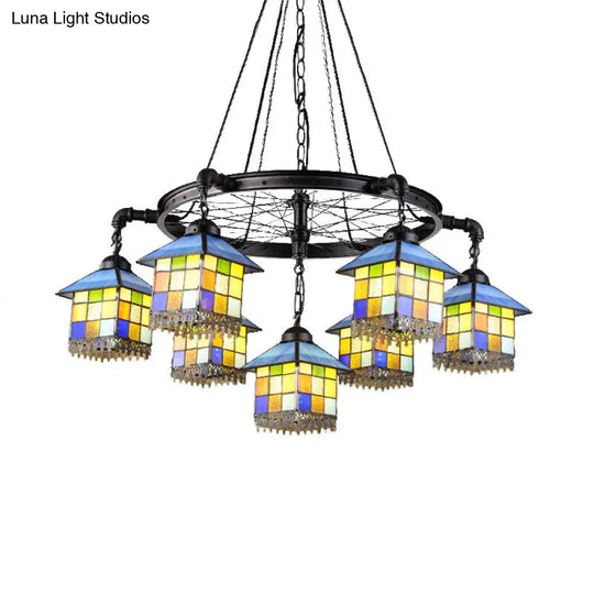 7-Light Lodge Chandelier With Colorful Glass Pendant And Black Wheel For Library