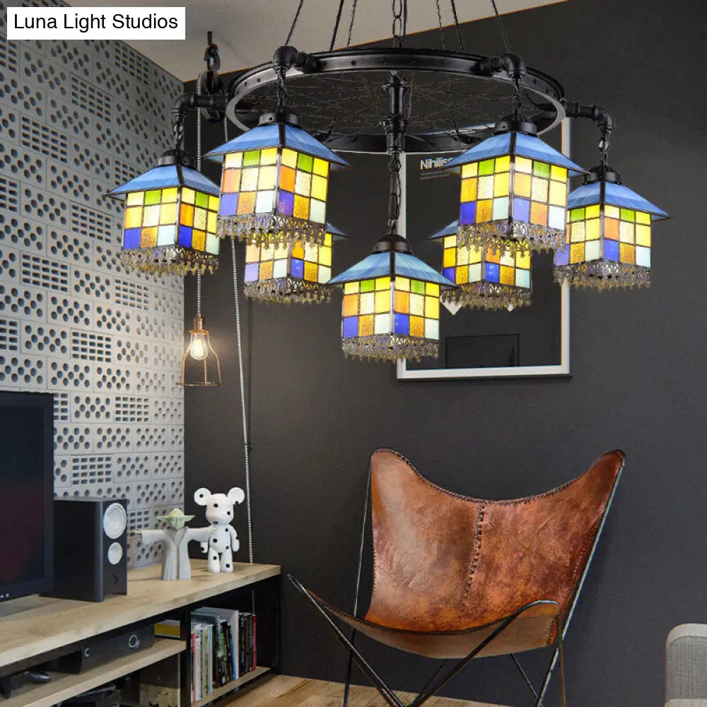 7-Light Lodge Chandelier With Colorful Glass Pendant And Black Wheel For Library