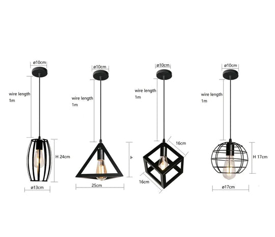 7 Type Modern Black Cage Pendant Lights Iron Minimalist Nordic Pyramid Lamp