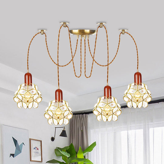 Traditional Gold Flower Bedroom Pendant Light - 2/3/4-Head Clear Water Glass Swag Lamp 4 /