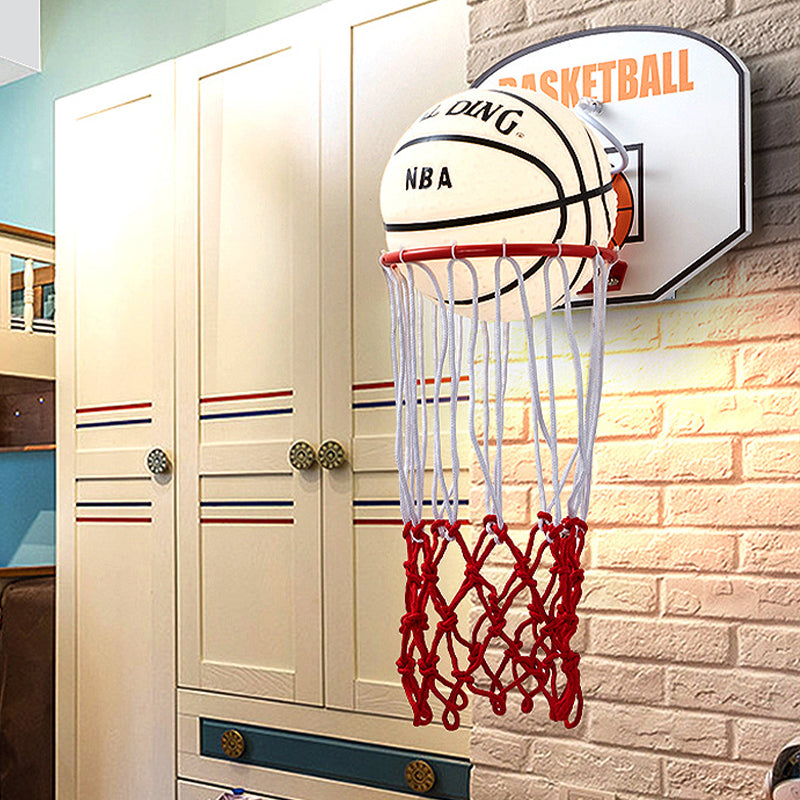 Kids Basketball Wall Light Sconce With Cartoon Basket Frame Shape And Opal Glass Shade In Red