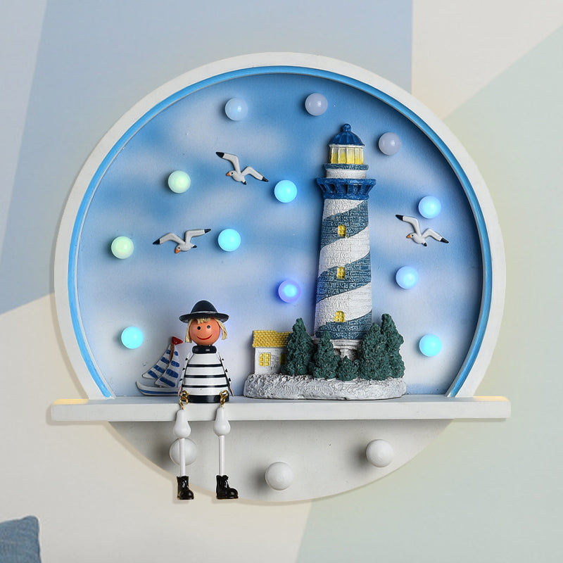Wood Lighthouse Wall Sconce - Kids Led Round Light In White & Blue White/3 Color /