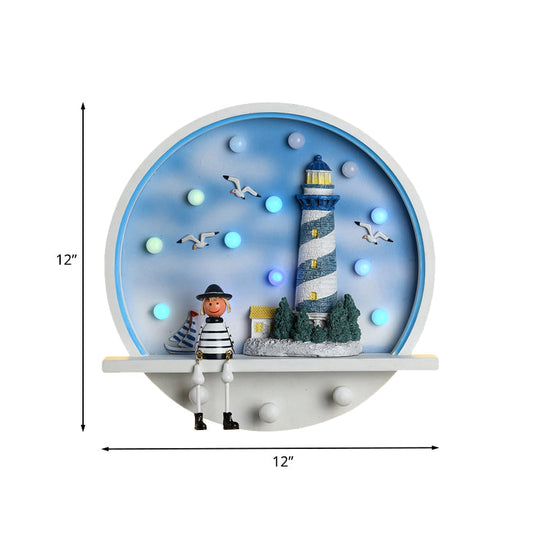 Wood Lighthouse Wall Sconce - Kids Led Round Light In White & Blue White/3 Color