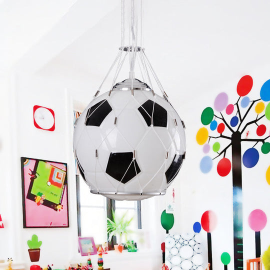 Football Cartoon Kids Room Pendant Lamp: White Glass Black Mesh