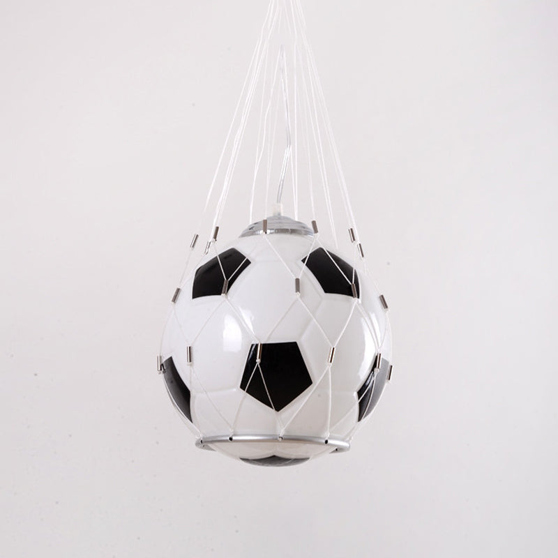 Football Cartoon Kids Room Pendant Lamp: White Glass Black Mesh