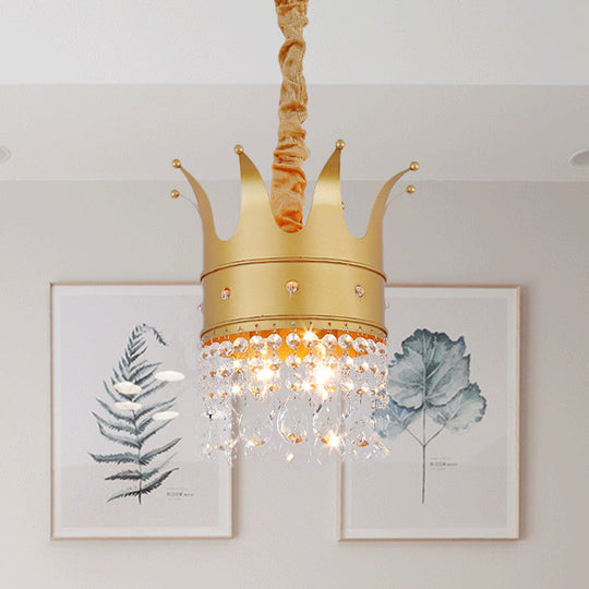 Gold Finish Crown Ceiling Chandelier - Kids 2/4/5 Bulbs Metal Suspension Light With Crystal Accent 2