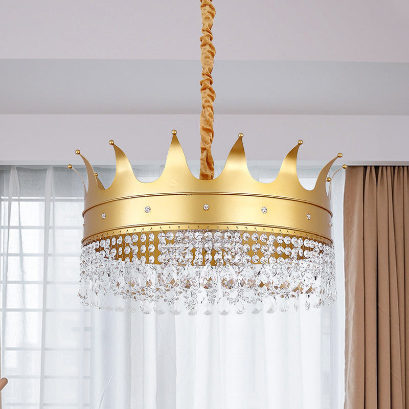 Gold Finish Crown Ceiling Chandelier - Kids 2/4/5 Bulbs Metal Suspension Light With Crystal Accent 4