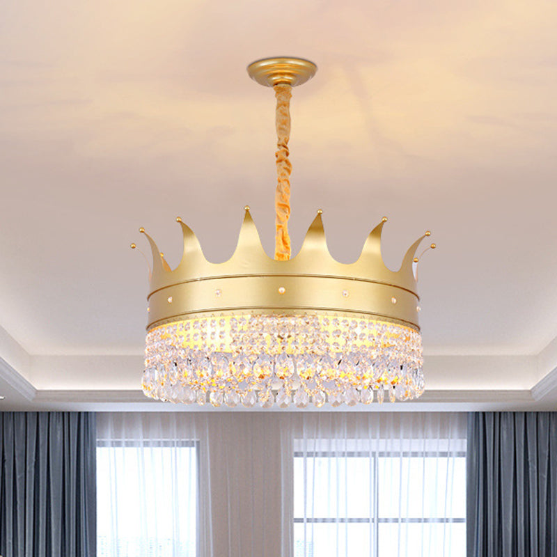 Gold Finish Crown Ceiling Chandelier - Kids 2/4/5 Bulbs Metal Suspension Light With Crystal Accent